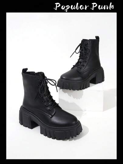 Botas de motocicleta con plataforma y suela gruesa, estilo punk para mujer en otoño/invierno. Botas minimalistas de moda con cordones y suela gruesa, aptas para uso diario, equitación y todo tipo de temporadas. Botas cortas de caballero