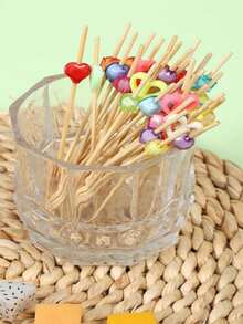 100pcs Disposable Artistic Bamboo Skewers, Cute Heart Cake Picks, Bamboo Fruit Picks, Bamboo Toothpicks