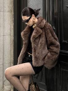 Palton de iarnă pufos cu guler din blană artificială pentru femei, retro, deschis în față, îmbrăcăminte exterioară la modă