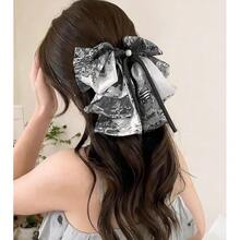 Large Chiffon Silk Hair Bow For Women Mesh Big Bows Hair Clips With Pearls Crystal Tulle Hair Barrettes Long Tail Bowknot Hair Accessories (Grey And White)GreyandWhite - 灰白 - 查看 4