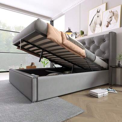 Hydraulic Single Upholstered Bed 90x200cm, Bed With Slatted Base Made Of Metal Frame, Modern Bed Frame With Storage Space, Cotton, Grey