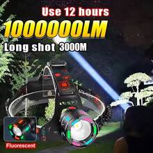 1000000LM Headlamp Flashlight Super Bright 3000m LED Rechargeable Tactical Light Waterproof Zoom Portable Work Light For Running, Fishing, Camping, Patrolling Outdoor Adventures - Black - View 6