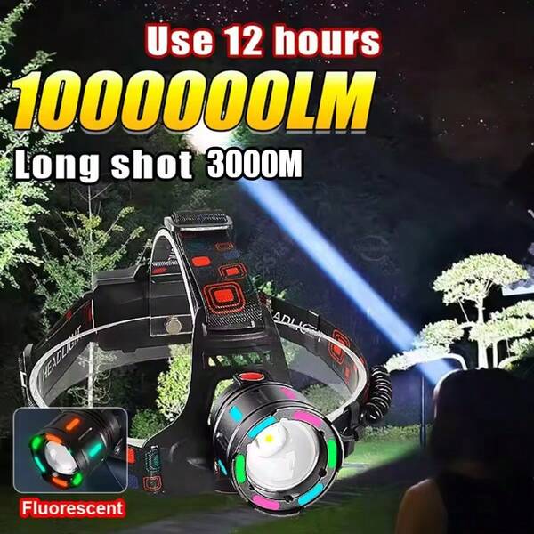 1 000 000 lm Lampe frontale Lampe de poche super lumineuse 3000m LED rechargeable Lumière tactique étanche Zoom Lampe de travail portable pour la course, la pêche, le camping, les patrouilles et les aventures en plein air