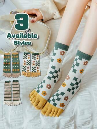 1/3 Pairs Retro Floral, Plaid & Striped Women Five Finger Socks, Yellow & Green Artistic & Sweet Mid-Calf Socks, Versatile Daily Wear Toe Separator Socks For Women