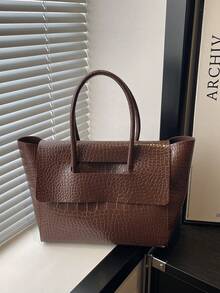 Bolso de mano de mujer de moda nuevo, de unicolor, con grano de cocodrilo de PU, de alta gama, de gran capacidad, con doble asa superior, adecuado para uso diario, trabajo, viajes, compras, accesorio de bolso de mano multifuncional para damas - Café - Ver 9