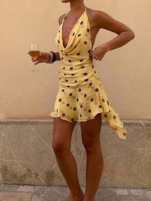 1pc Polka Dot All-Over Print Contrast Color Casual Elegant Bohemian Knit Fabric Twist Ruffle Hem Mini Dress, Suitable For Evening Date, Spring/Summer - Yellow - View 8
