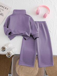 Chatreadl 2 piezas Conjunto de sudadera y pantalones de unicolor con bordado de unicornio para niñas, diseño minimalista, cómodo para primavera, otoño e invierno - Púrpura polvoriento - Ver 2