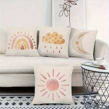 4 Packs Vintage Style Single-Side Print Throw Pillow Covers - 17.7x17.7 Inches, 2D Digital Printing, Unique Rainbow, Rain, Sun & Moon Designs, Machine Washable With Zipper, Woven Decorative Cushion Cases For All Room Types Featuring, Not Insert Included - Multicolor - View 4
