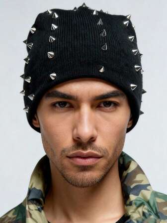 1 pieza Gorro de punto con remaches estilo hip hop para hombres, gorro de calavera gótico, gorro de invierno cálido, adecuado para uso en la calle. Ropa de invierno para hombres