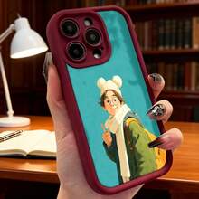 Cubierta de teléfono con diseño de dibujos animados para iPhone color turquesa con estampado de joven con gorro de oso y mochila estilo anime para uso diario en biblioteca o estudio Aplicable a teléfonos Apple y Galaxy. - Burdeos - Ver 2