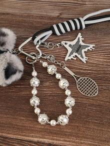 1pc Purple Black Silver Artificial Leather Pentagonal Star Shape Keychain Set Bag Pendant- Cute & Edgy Multi-Element Keychains With Beaded Bracelet, Butterfly, Tennis Racket,Phone Strap - Stylish Accessories For Women To Decorate Keys & Bags - 淺灰色 - 查看 6