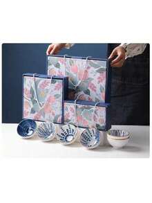 4-teilige und 6-teilige Geschenkboxen mit Keramikschalen, blau-weiß gemusterte Keramikgeschirrsets im japanischen Stil, kreative Geschenkboxen mit gemusterten Schalen, Keramikschalen mit tragbarer Verpackung, geeignet für Familienfeiern, Weihnachtsgeschenke, Küchentische, schön und praktisch, leicht zu reinigen, bei hohen Temperaturen gebrannt, langlebiges Geschenkgeschirr - Verschiedenfarbig - Übersicht 6