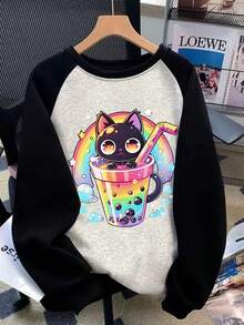 1件少女猫咪吃面条印花圆领拼接撞色宽松卫衣，长袖套头衫，返校季，毕业季 - 黑色 - 查看 1