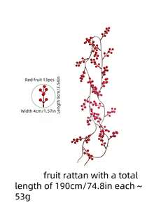 2 PIEZAS Guirnalda de bayas navideñas de 190 cm/74,8 pulgadas, decoración artificial para interiores y exteriores, puerta, chimenea, decoración flexible para invierno, Navidad, Año Nuevo, decoración para jardín, puerta principal, hogar, alféizar de ventana (bayas rojas)