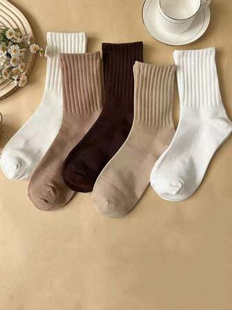 5 Pairs Unisex Autumn/Winter Solid Color Vertical Striped Breathable, Odor-Resistant, Anti-Friction Mid-Calf Socks