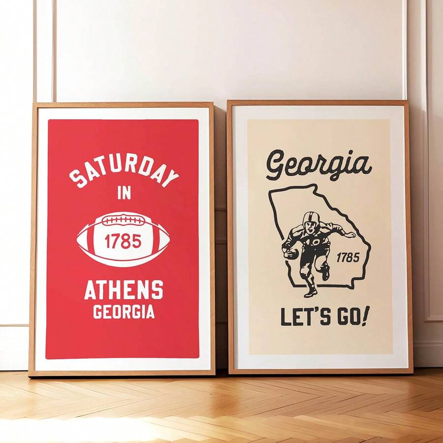 2pcs Retro Football Prints Georgia Wall Art College Sports Team Poster Football Gift For Sports Fan Wall Decor Georgia Dad Gift,Room Decoration, Home Decoration, Bedroom, Living Room And Corridor Decoration,Frame Structure