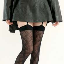 Women's Sheer Plaid Pattern Thigh High Tights With Elastic Band Top And Garter Style Detail - Black - 黑色 - 查看 5