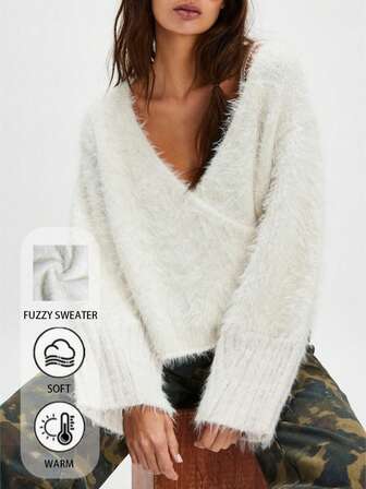 女士蓬松交叉V领毛衣，宽松针织上衣，柔软性感，适合秋冬季