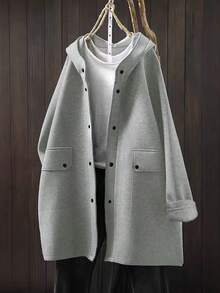 Women's Fashion Casual Plain Pocket Front Button Hooded Coat, Everyday Wear