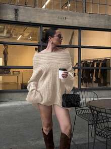 Suéter de punto elegante y casual con mangas farol de hombros descubiertos, bajo largo y suelto, adecuado para citas, vuelta al colegio, vacaciones y estilo callejero en color marrón - Albaricoque - Ver 4