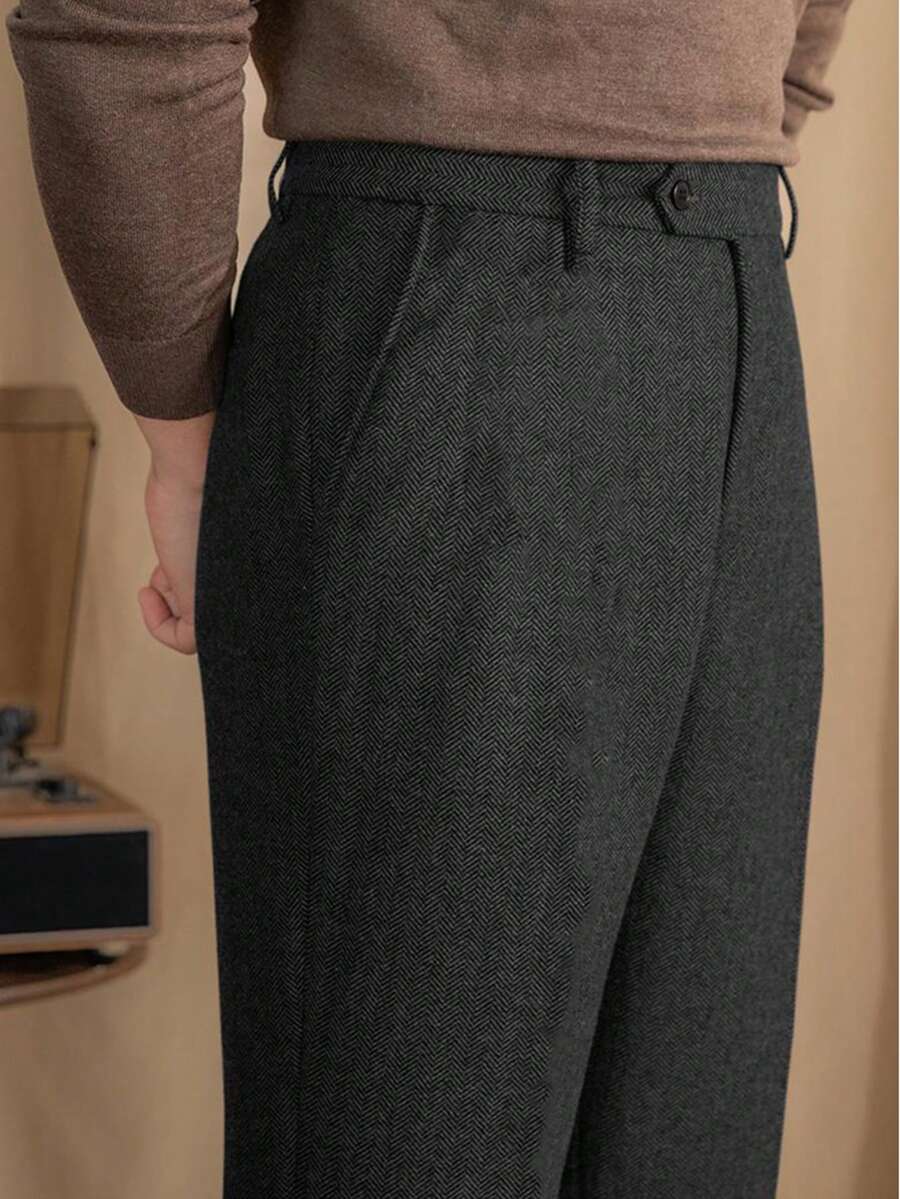 Mens Pants Wool Tweed Herringbone Vintage Dress Pant Trousers Regular Fit Suit Pants For Men - 黑色2 - 查看 1