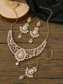 4pcs/Set Bollywood Luxury Style Faux Pearl Jewelry Set, Including Teardrop Earrings, Teardrop Pendant Necklace, And Crystal Necklace, Suitable For Women's Wedding, Daily Wear Or Festivals - Pearl - View 13