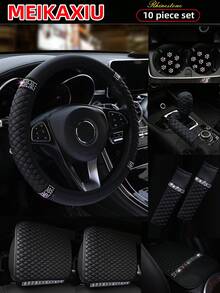 MEIKAXIU PU Leather Embroidered Rhinestone Bling Bling Car Accessories Interior Multi-Piece Set, Including Steering Wheel Cover, Handbrake Cover, Gear Shift Cover, Headrest Pad, Armrest Pad, Cup Holder, Shoulder Pad, Car Decor Set For Women - Leather Diamond - View 58