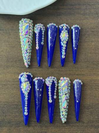 10pcs High-End High-End Mature Woman Style, Retro Klein Blue, Glittering With Diamonds All Over Handmade Fake Nails, Nail Patches Suitable For Attending Important Banquets, Birthday Balls, Princess Parties And Festival Events