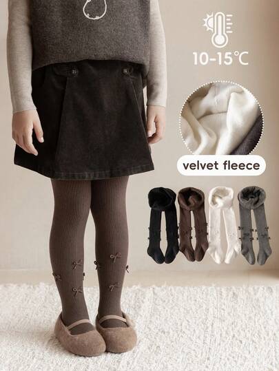 1pc Girls Fleece Leggings, Solid Black/White/Gray Combo With Bow Decor, Ribbed Knit, Warm & Windproof For Autumn/Winter, Princess Style For Home, Party, School, Holiday Gift