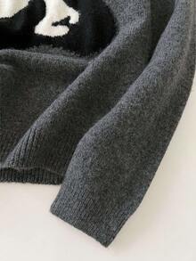 1 件卡通熊猫撞色圆领提花设计可爱毛衣，宽松简约可爱针织套头衫 - 灰色 - 查看 8