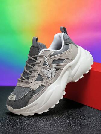 Fashion Thick Sole Women's Sports Shoes, Color Block Round Toe Leather Lace-Up Sneakers, Lightweight Breathable Sports Shoes, Non-Slip Durable Outdoor Tennis Shoes, Platform Shoes, White Athletic Shoes, Comfortable Casual Women Shoes