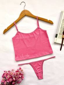 Lingerie Set: Thong Without Padding, Ribbed Suede Fabric, Comfortable, Butt-Lifting, Women's Fashion - 藕粉色 - 查看 3