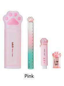 4pcs Cute Cat Paw Stationery Set - Transparent PVC Pen Holder, Heart-Shaped Eraser, Manual Pencil Sharpener And Ruler, Pink & White Color - Perfect Gift For Students, Cat-Themed Accessories, Pencil Case, Pencil Bag, Backpack - Sets - View 10