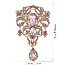 Gold-Tone Luxurious Pink Crystal Brooch With Intricate Vintage Design & Dangle Drop, Ornate Statement Pin For Formal Events & Gifting, Ideal For Retro Jewelry Enthusiasts - Pink - View 4