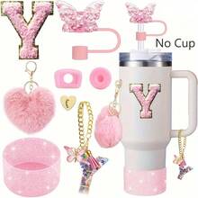 8 Stück Zubehör für 40oz & 30oz Becher, inklusive Strohhalm-Deckel, auslaufsicherer Silikonverschluss, Silikonmanschette, Buchstabenanhänger-Kette, Aufkleber, Herz-Haken, Herz-Pompon-Haarball-Anhänger, für Camping, ideales Valentinstags-Geschenk, Muttertags-Geschenk (ohne Becher)
