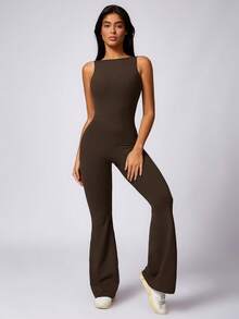 Women's Yoga Jumpsuit Exercise Sleeveless Sports Jumpsuit Quick-Drying High-Stretch Jumpsuit - 咖啡棕 - 查看 1