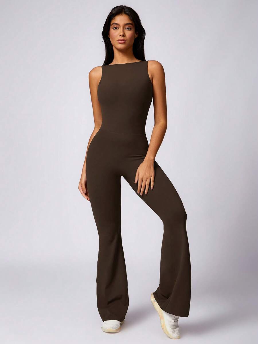 Women's Yoga Jumpsuit Exercise Sleeveless Sports Jumpsuit Quick-Drying High-Stretch Jumpsuit - 咖啡棕 - 查看 1