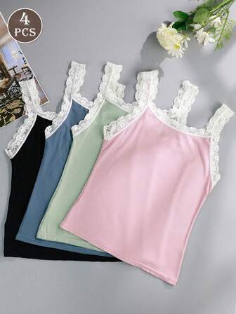 4pcs Women's Lace Patchwork Camisole Tops, Fashionable Versatile Sleeveless Undershirt
