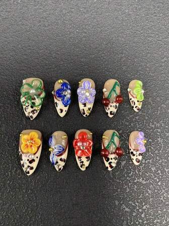 10-Piece Pure Handmade Nail Press Nails 25mm Almond Nails French Leopard Nail Three-Dimensional Modeling Glue Carving Craft Multi-Color With Red Cherry Cute Fashion Suitable For Women To Wear Three Sizes To Choose Suitable For A Variety Of Occasions Party Ball And Daily Wear