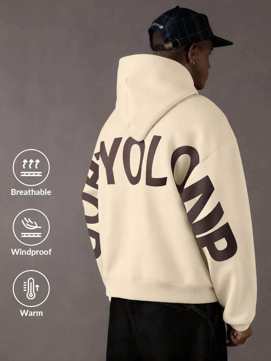 Camvyn Sudadera con capucha de manga larga con bolsillo y cordón, con estampado de letras, casual para otoño/invierno para hombres - Albaricoque - Ver 1