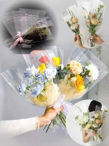 透明OPP鲜花包装袋，随机英文文字，防水单束鲜花包装袋 - 彩色 - 查看 1