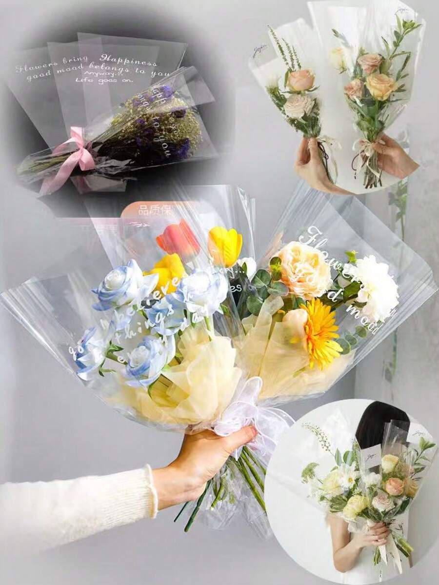透明OPP鲜花包装袋，随机英文文字，防水单束鲜花包装袋 - 彩色 - 查看 1