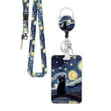 1 Conjunto (Clipe de Crachá + Porta-Cartão + Cordão) Cordão Preto de Gato Preto para Crachás de Identificação, Carretel de Crachá de Enfermeira Retrátil, Cordão Destacável Fofo com Clipe de Mosquetão Giratório a 360°, Porta-Cartão de Identificação Vertical, Adequado para Professores, Estudantes, Médicos, Enfermeiras, Homens, Mulheres, Presentes de Uso Diário no Escritório - Gato Preto Estrelado