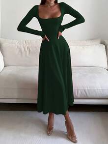 Elegant Waist-Cinching Sleeveless High-Quality Fitted Mid-Length Dress, Elegant Camisole Square Neck Solid Color A-Line Waist Maxi Dress For Women Spring - Green - View 2