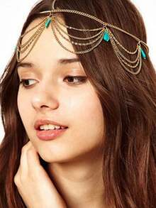 1pc Golden Chain Minimalist Vintage Bohemian Turquoise Tassel Headband, Hair Accessory, Suitable For Christmas Party Outfit,Halloween - Gold - View 3