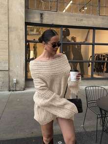 Suéter de punto elegante y casual con mangas farol de hombros descubiertos, bajo largo y suelto, adecuado para citas, vuelta al colegio, vacaciones y estilo callejero en color marrón - Albaricoque - Ver 3