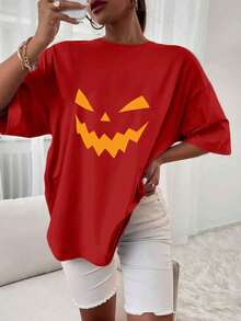 T Shirt Oversized Confortável Estampada Halloween Abobóra Blusa Feminina Casual Promoção Street Wear Plus Size - Vermelho - Visão 6