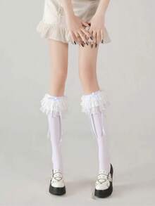 1双女士白色蕾丝荷叶边蝴蝶结袜子 | 日系可爱甜美洛丽塔风格 | 百搭日常穿搭 | 休闲及角色扮演皆宜 - 彩色 - 查看 9