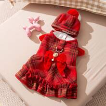 [Autumn/Winter New] Pet Autumn/Winter Bowknot Dress With Hood Set, Leash Attached Warm Dress, Pet New Year Holiday Outfit, Suitable For Small/Medium Dogs/Cats