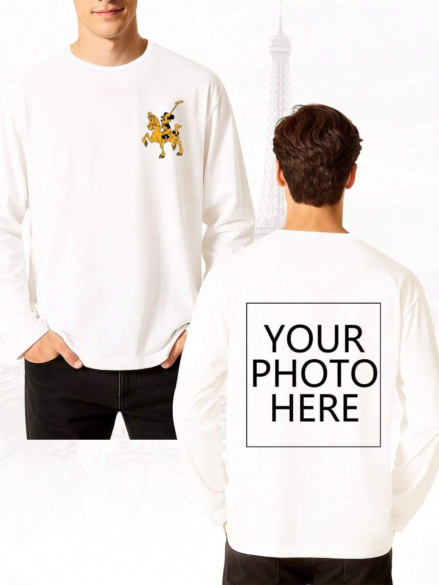 Disney Áo thun dài tay nam in hình chuột Mickey, bản quyền sở hữu trí tuệ, dịch vụ tùy chỉnh theo yêu cầu. Hỗ trợ in khẩu hiệu/thiết kế sáng tạo/nhân vật hoạt hình/ảnh cặp đôi/ảnh thú cưng/ảnh selfie/ảnh người nổi tiếng ở mặt trước. Cổ tròn, co giãn nhẹ. Áo thun dài tay thời trang và đa năng dành cho nam. - trắng - Xem 1